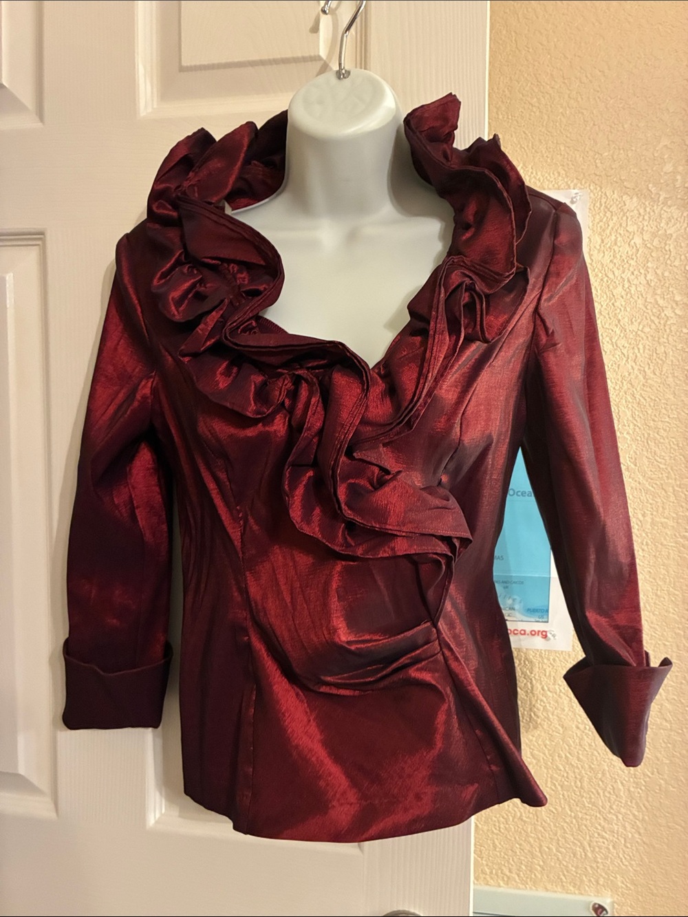 dressbarn Ruffled Satin-Effect Blouse in shimmery cranberry